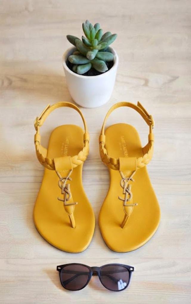 YSL Style Brown Flat Sandals for Women – Gold Logo & Braided Strap