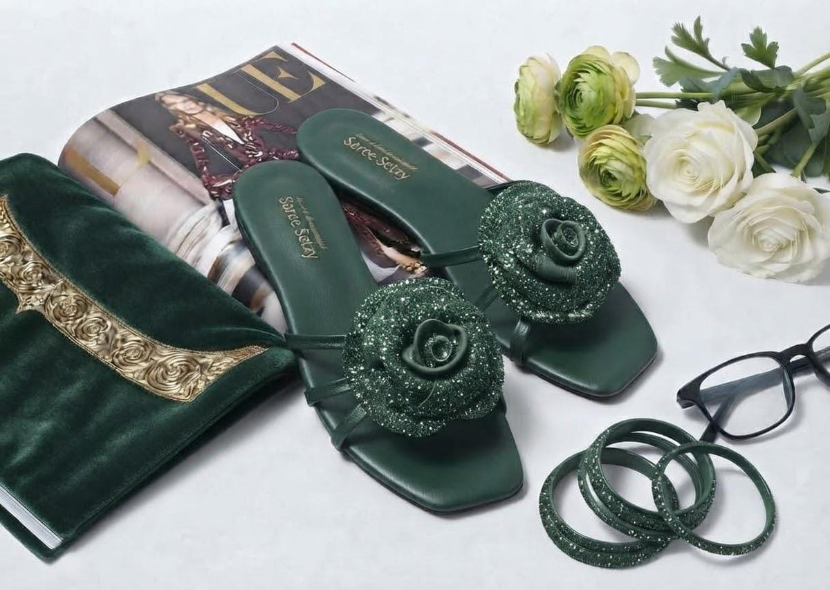 Emerald Rose Crystal Slides – Green | Sharkstepzy