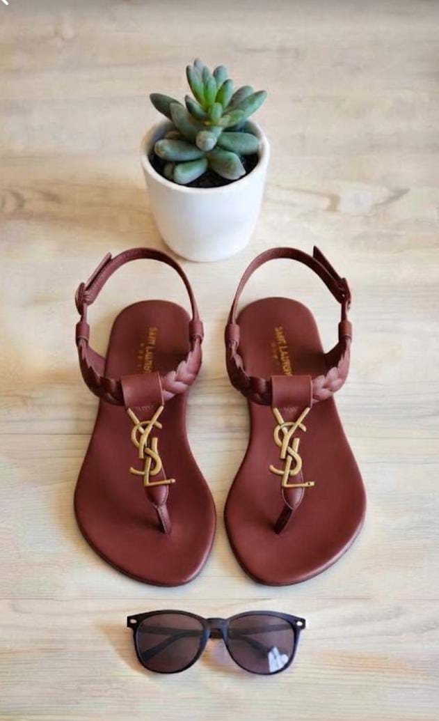 YSL Style White Flat Sandals for Women – Gold Logo & Braided Strap