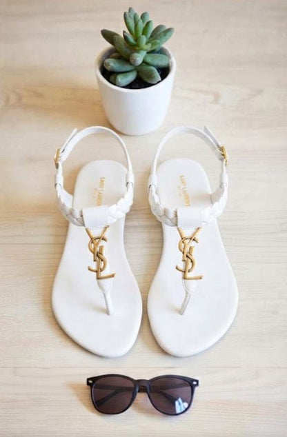 YSL Style Yellow / Gold Flat Sandals for Women – Gold Logo & Braided Strap