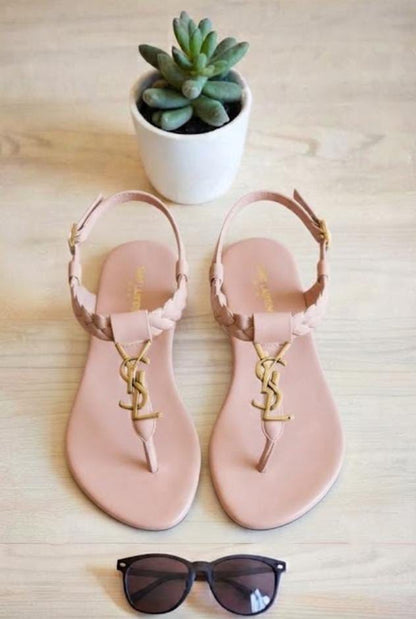 YSL Style Pink Flat Sandals for Women – Gold Logo & Braided Strap