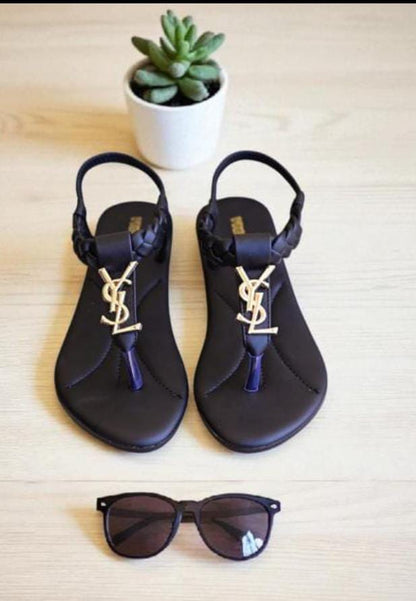 YSL Style Black Flat Sandals for Women – Gold Logo & Braided Strap