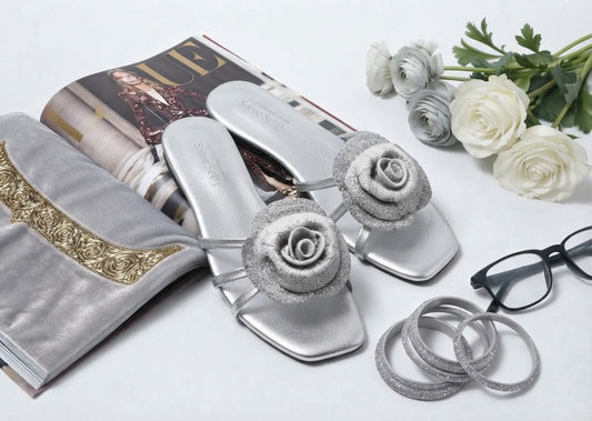 Emerald Rose Crystal Slides – Silver | Sharkstepzy