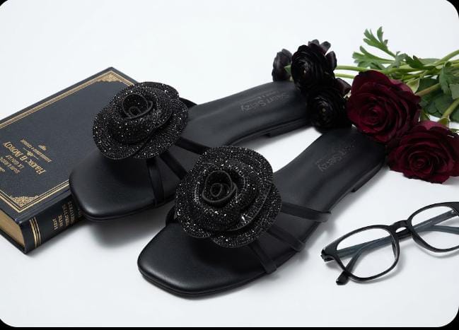 Emerald Rose Crystal Slides – Black | Sharkstepzy