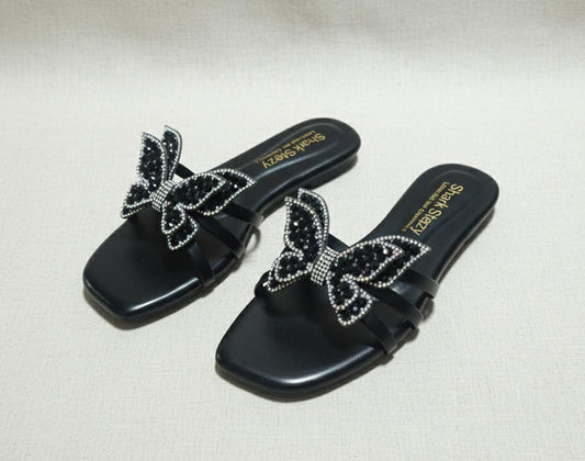 Crystal Butterfly Bow Slides – Black | Sharkstepzy