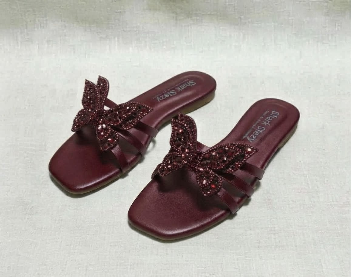 Crystal Butterfly Bow Slides – Maroon | Sharkstepzy