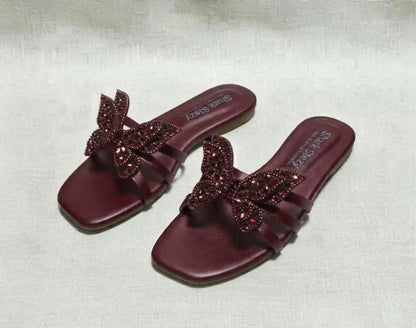 Crystal Butterfly Bow Slides – Maroon | Sharkstepzy