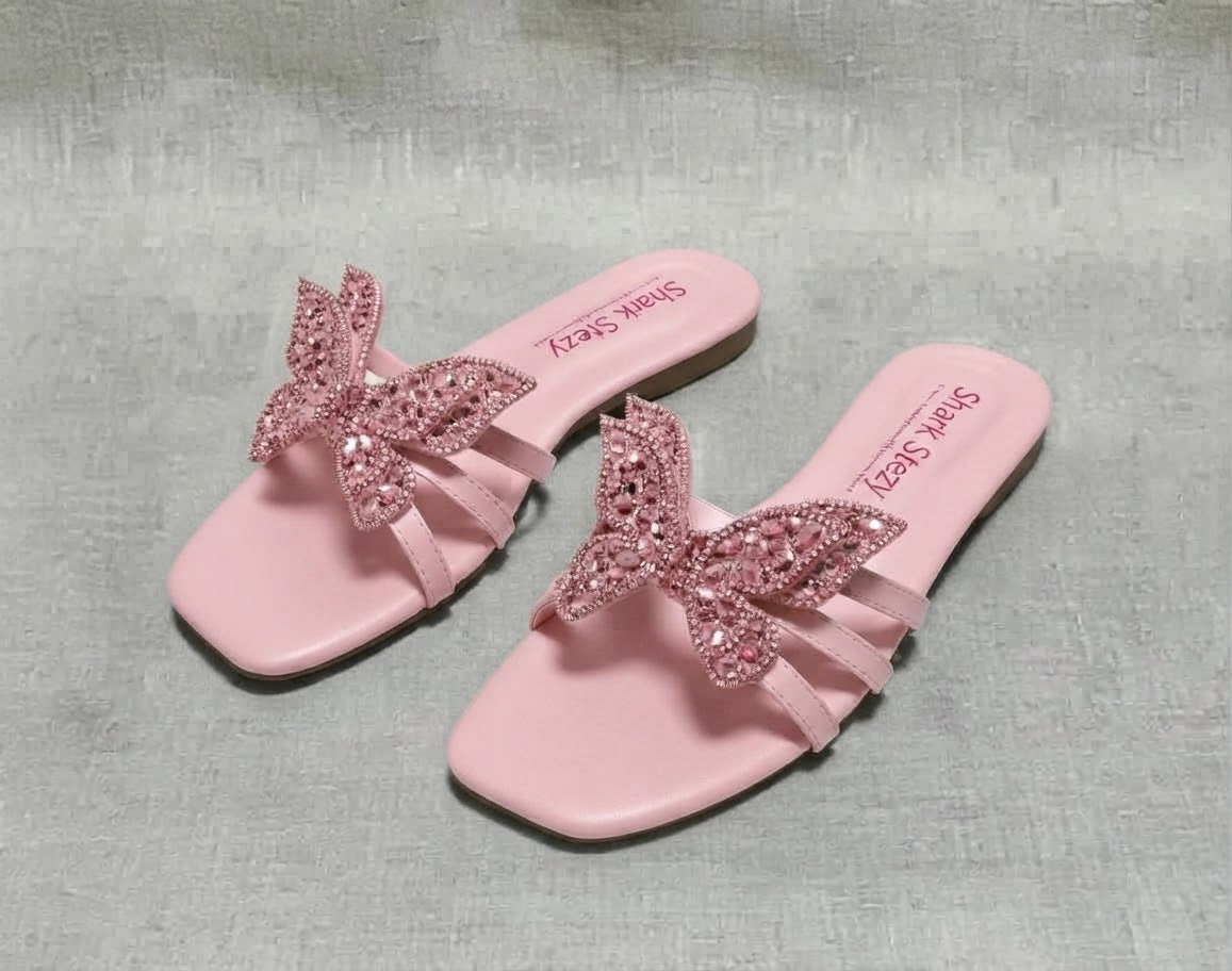 Crystal Butterfly Bow Slides – Silver | Sharkstepzy