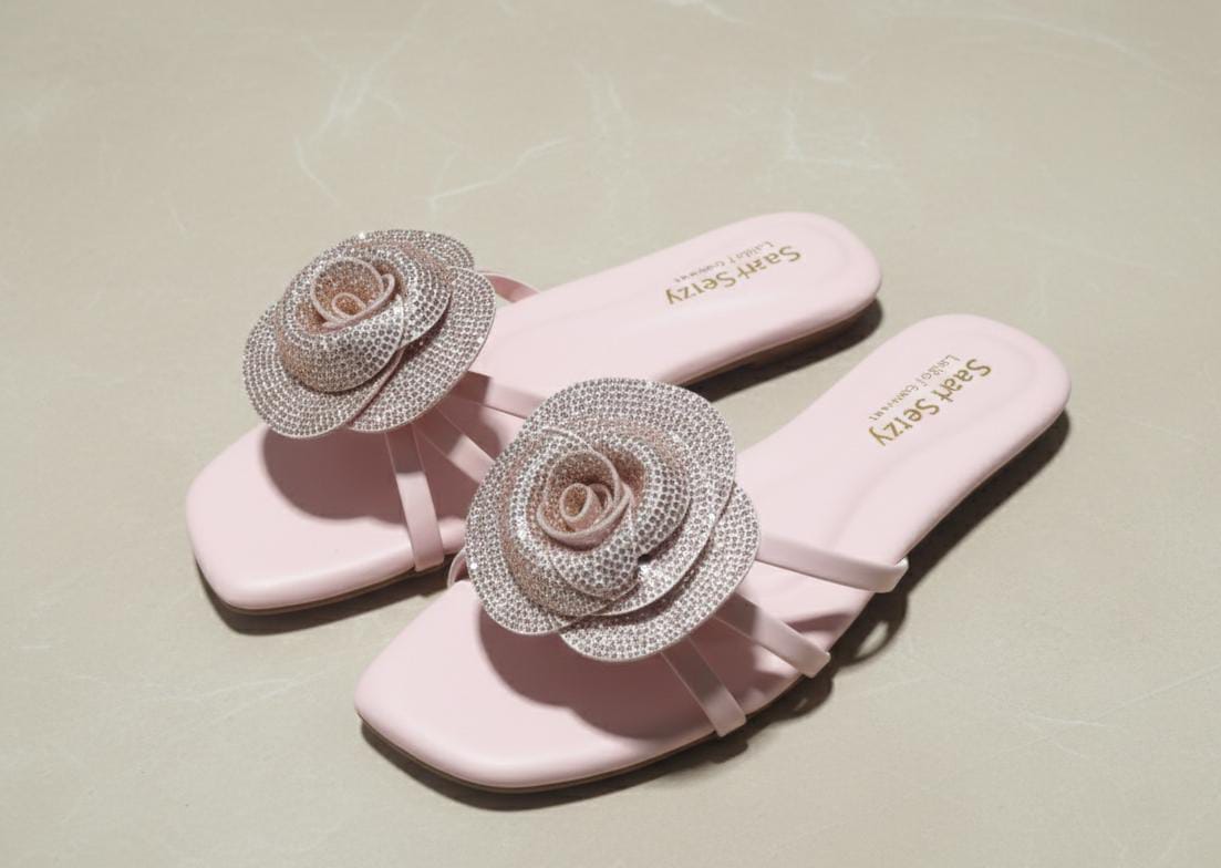 Crystal Rose Flower Slides – Pink | Sharkstepzy