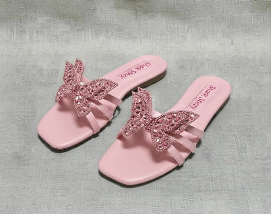 Crystal Butterfly Bow Slides – Pink | Sharkstepzy