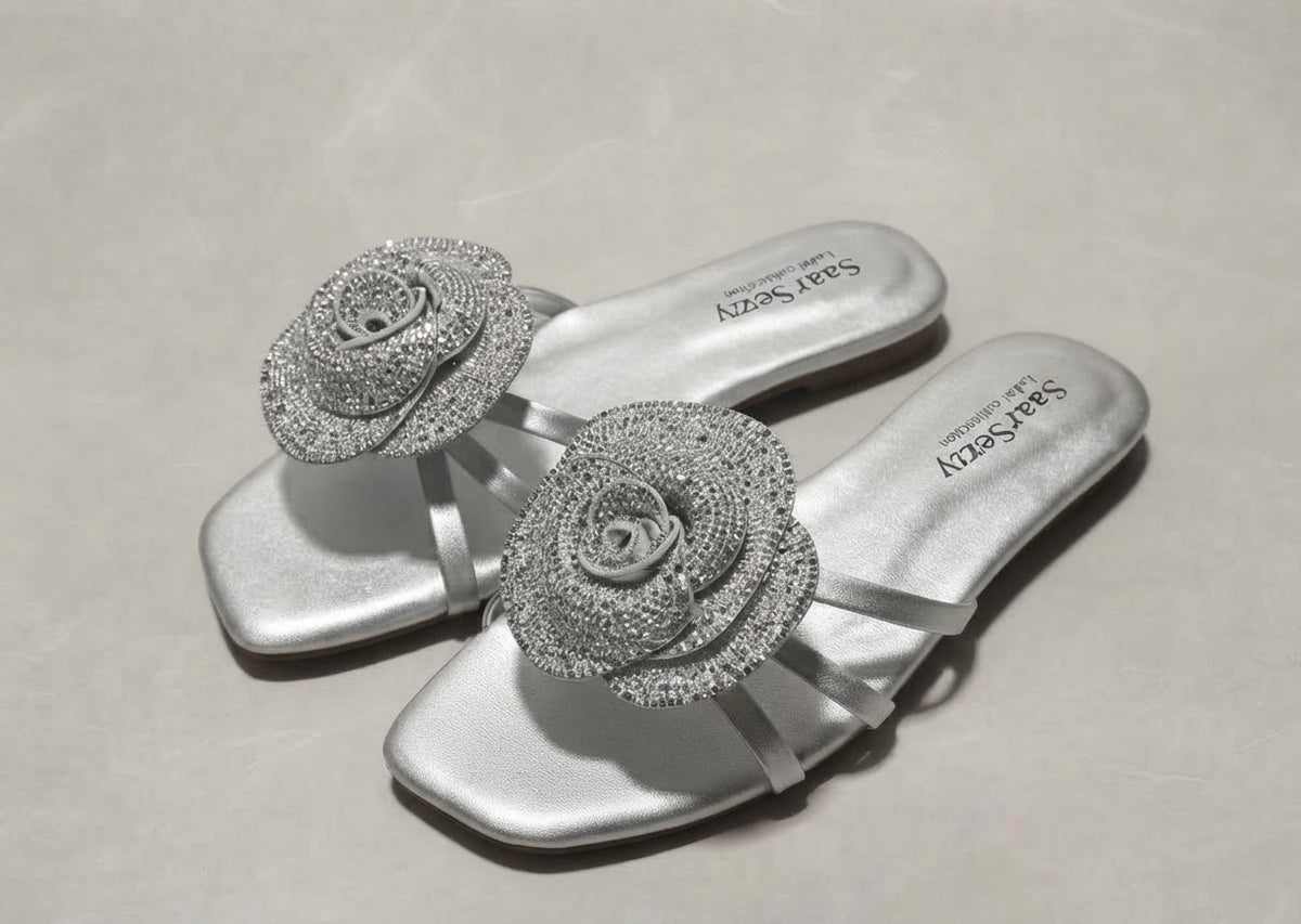 Crystal Rose Flower Slides – Silver | Sharkstepzy