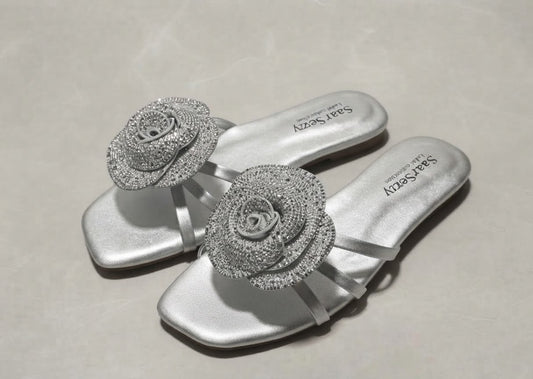 Crystal Rose Flower Slides – Silver | Sharkstepzy