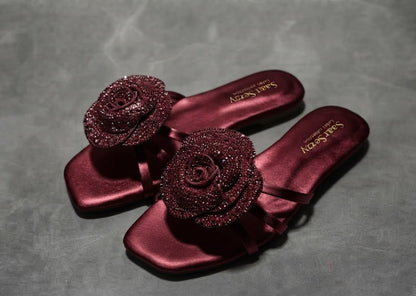 Crystal Rose Flower Slides – Maroon | Sharkstepzy