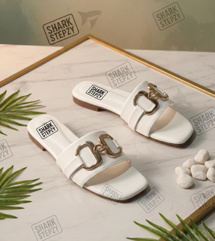 Luxe Double Buckle Slides – White | Sharkstepzy