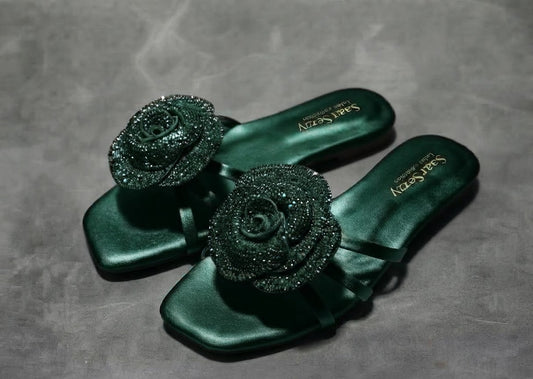 Crystal Rose Flower Slides – Green | Sharkstepzy