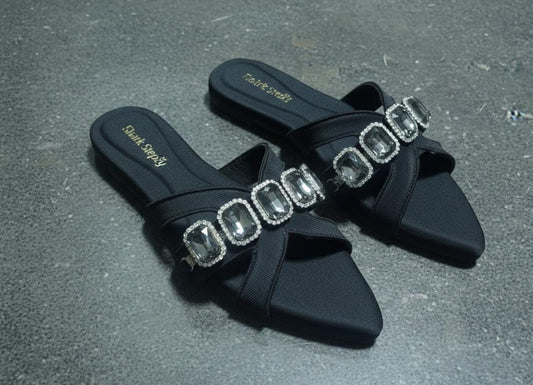 Crystal Buckle Pointed Slides – Black | Sharkstepzy